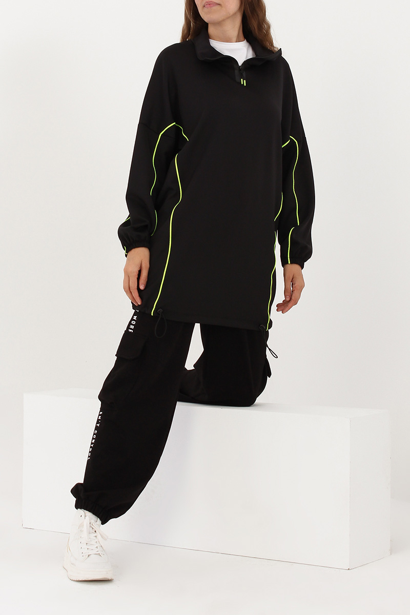 Oversize Neon Geçişli Eteği Büzgü Detaylı Sweatshirt