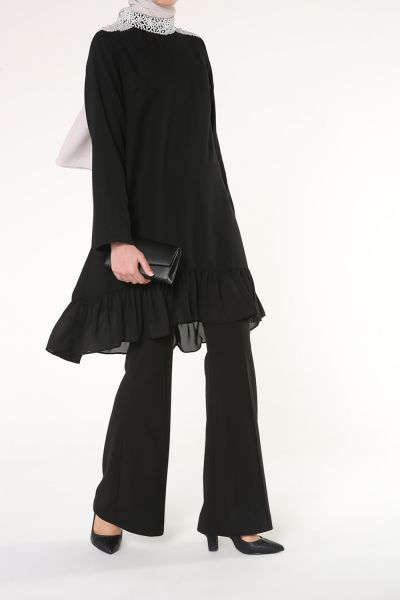 Pearl Neck and Shoulder Ruffle Hem Detailed Tunic