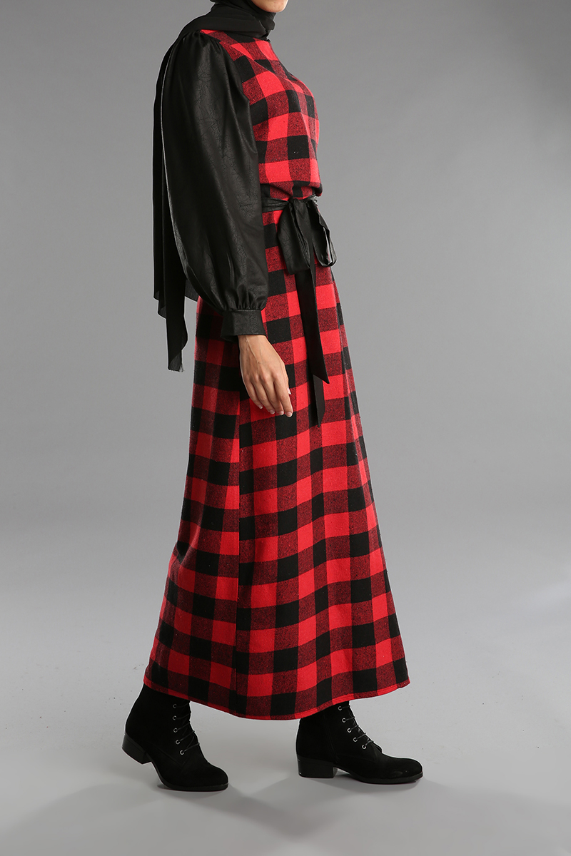 Plaid Long Belted Dress With Pockets