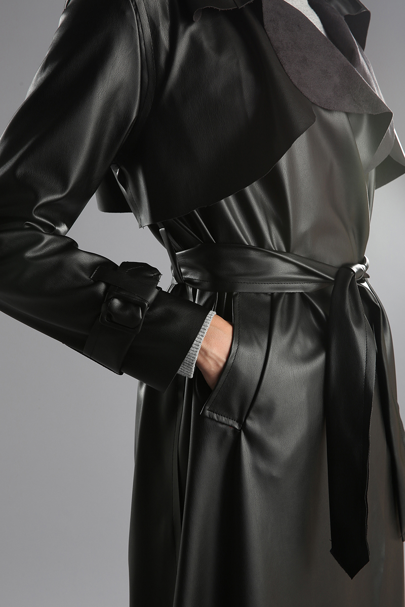 Button Detailed Leather Look Trench Coat