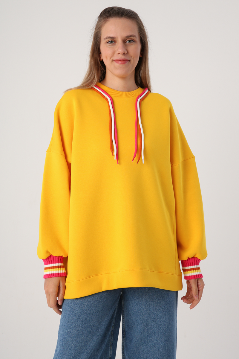 Oversize 3 Renk Kordonlu Triko Bantlı Sweatshirt