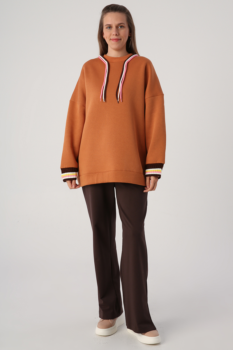 Oversize 3 Renk Kordonlu Triko Bantlı Sweatshirt