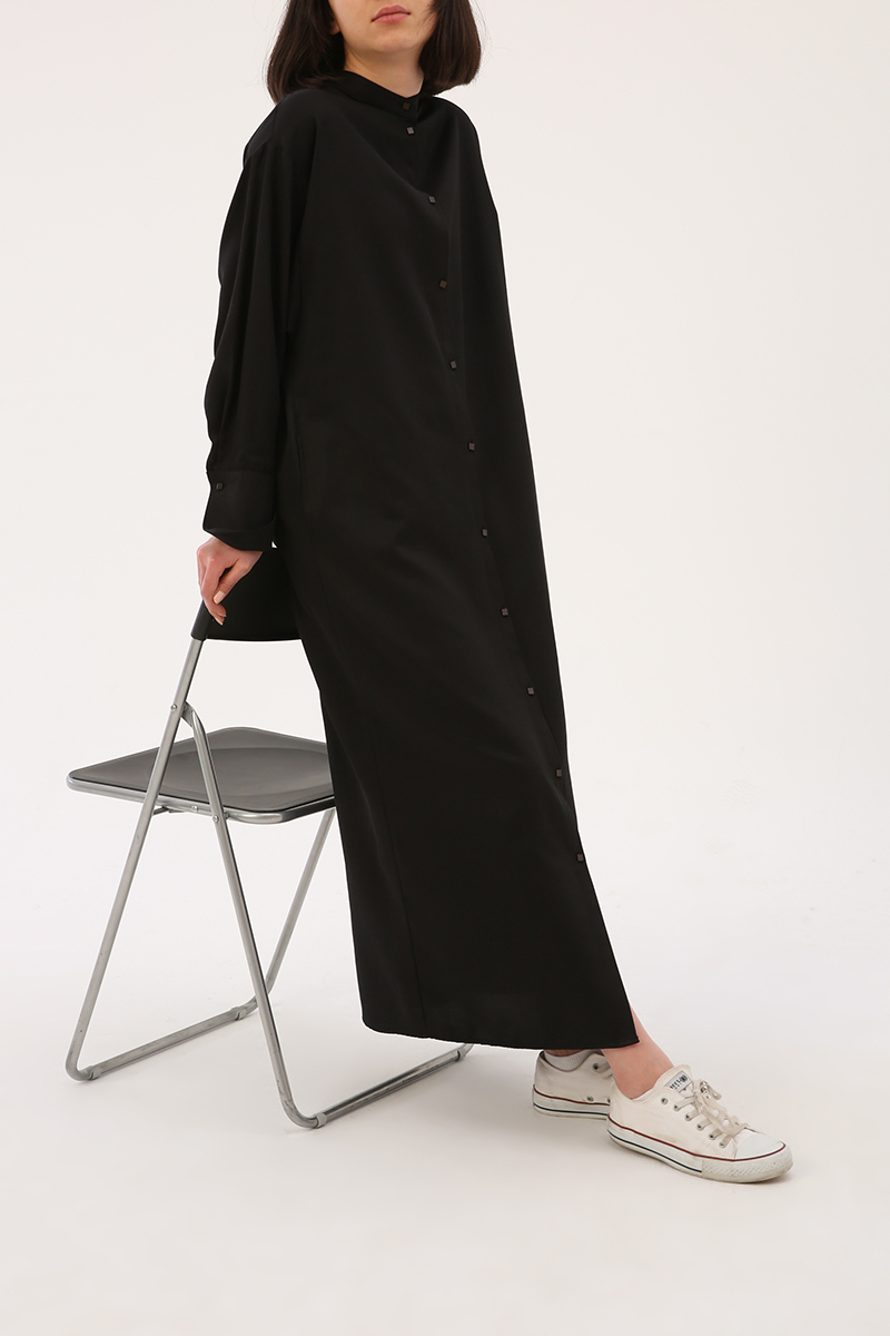 Bishop Sleeve Rolled Cuff Button Front Oversize Dress