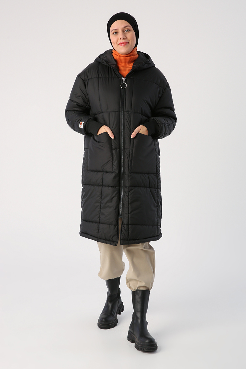 Oversize Zippered Hooded Quilted Coat