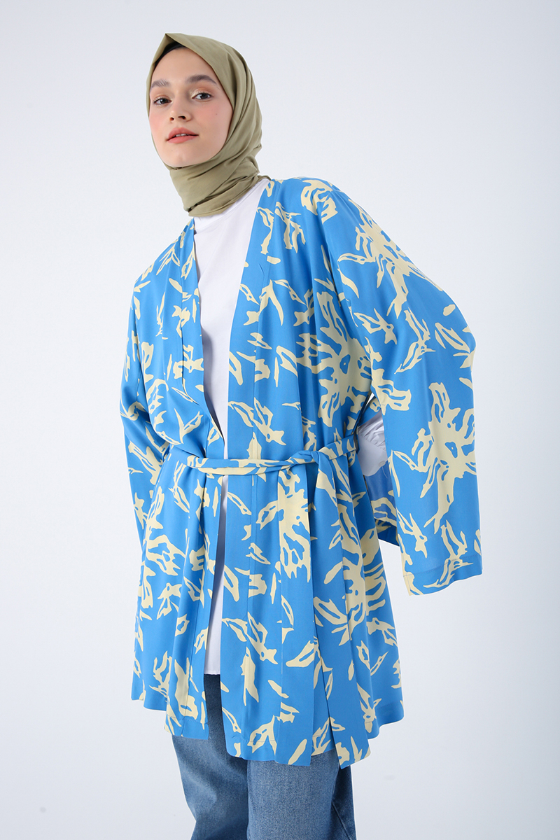 Oversize Kol Yırtmaç Detaylı Kuşaklı Desenli Kimono