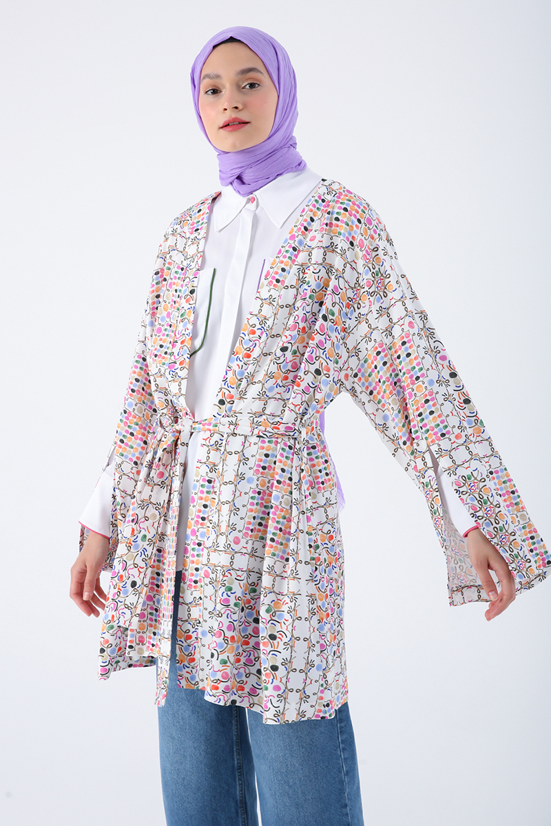 Oversized Sleeve Slit Detailed Belted Patterned Kimono