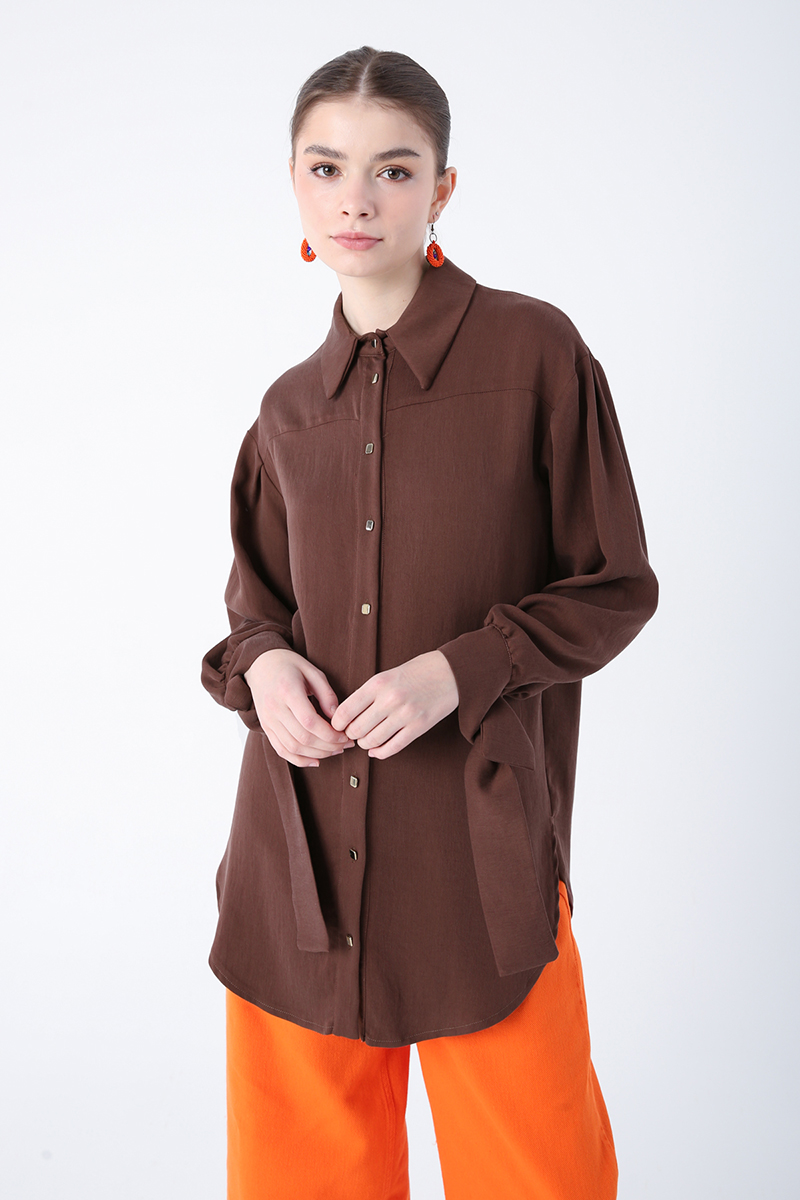 Natural Fabric Shirt Tunic With Oversize Sleeves Binding Detailed Slit