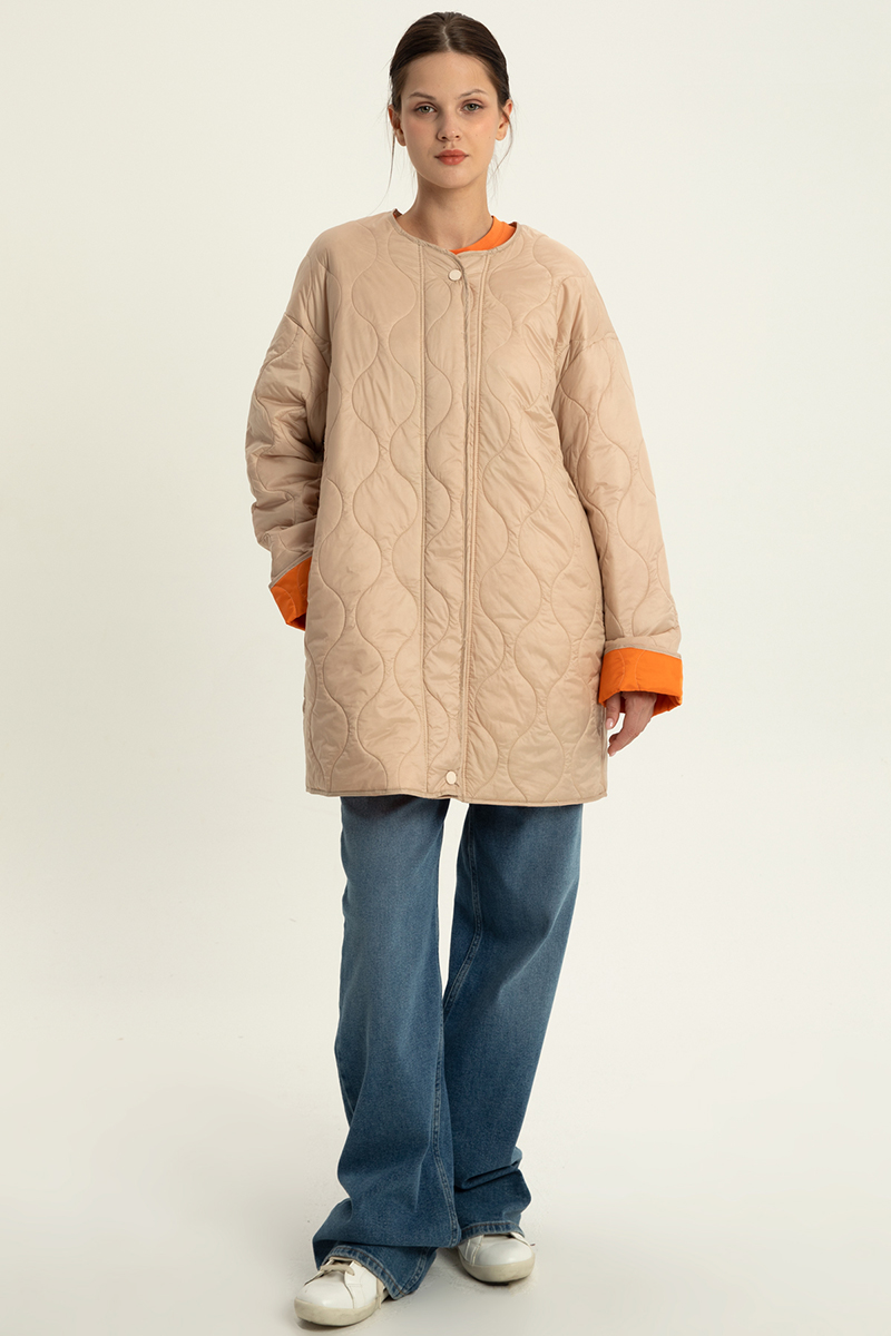 Oversize Zippered Quilted Coat with Folded Sleeves