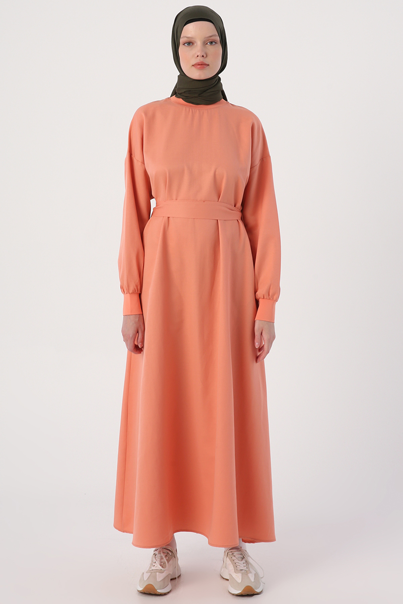 Collar And Sleeve Ribbed Knit Oversize Belted Dress