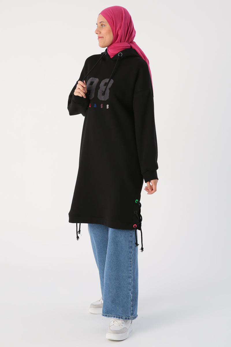 Oversize Raised Embroidered Hooded Sweat Tunic