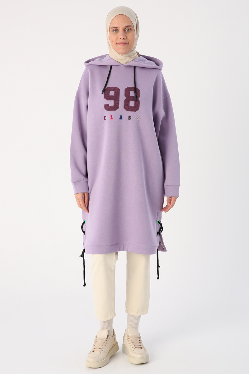 Oversize Raised Embroidered Hooded Sweat Tunic