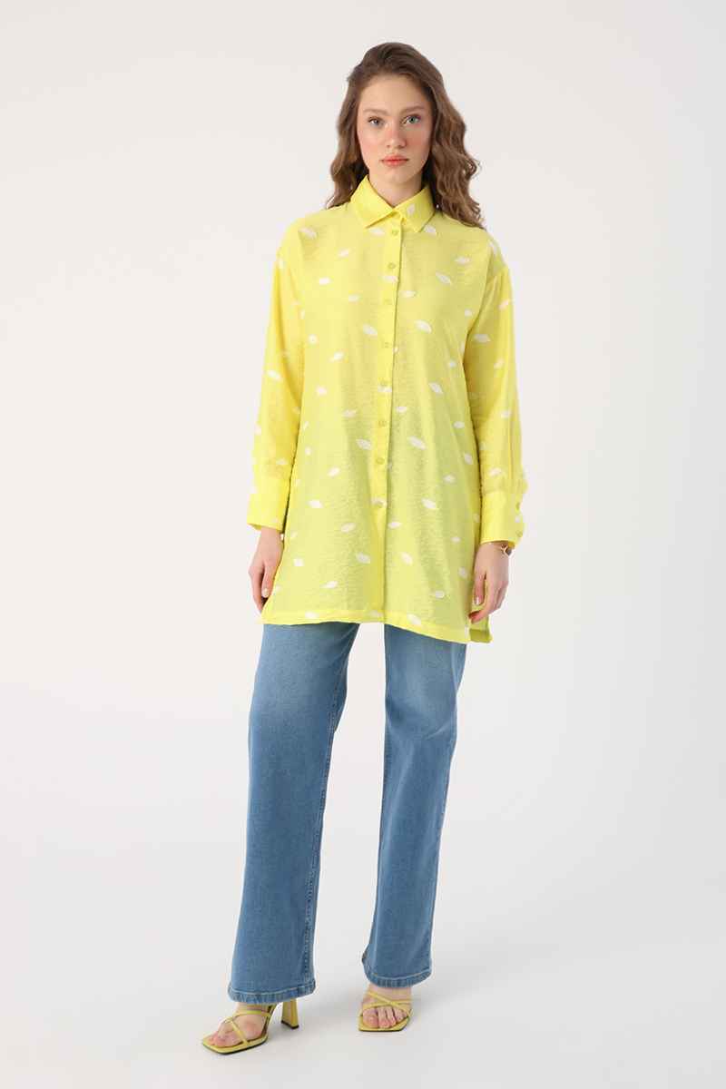 Oversize Yırtmaçlı Desenli Gömlek Tunik