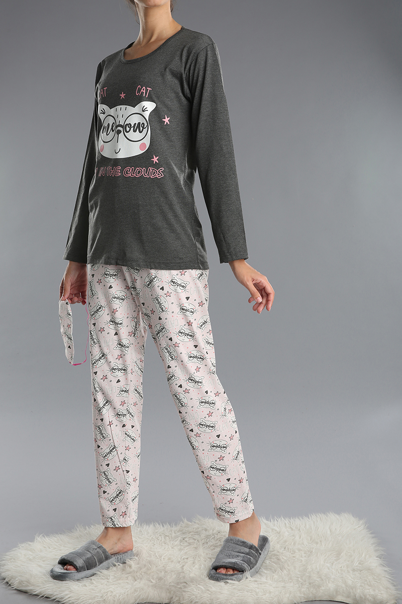 Pamuklu 3 Parça Baskılı Desenli Pijama Takımı