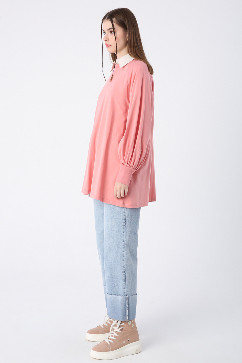 Cotton Crew Neck Sleeves Pleated Long Sleeve T-Shirt