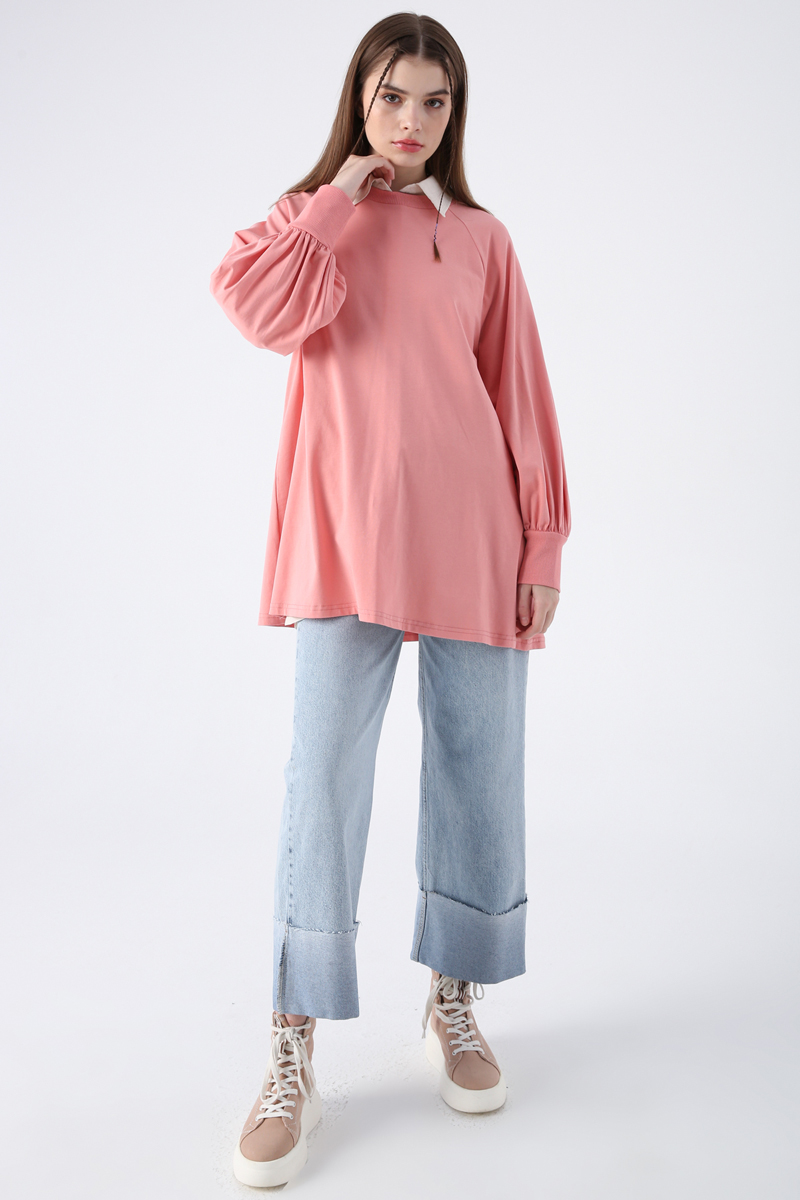 Cotton Crew Neck Sleeves Pleated Long Sleeve T-Shirt