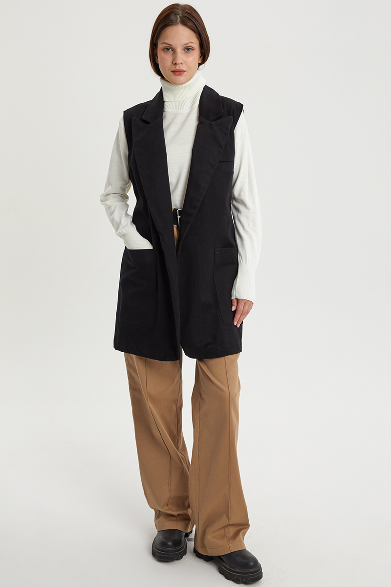 Cotton Jacket Collar Belted Long Vest