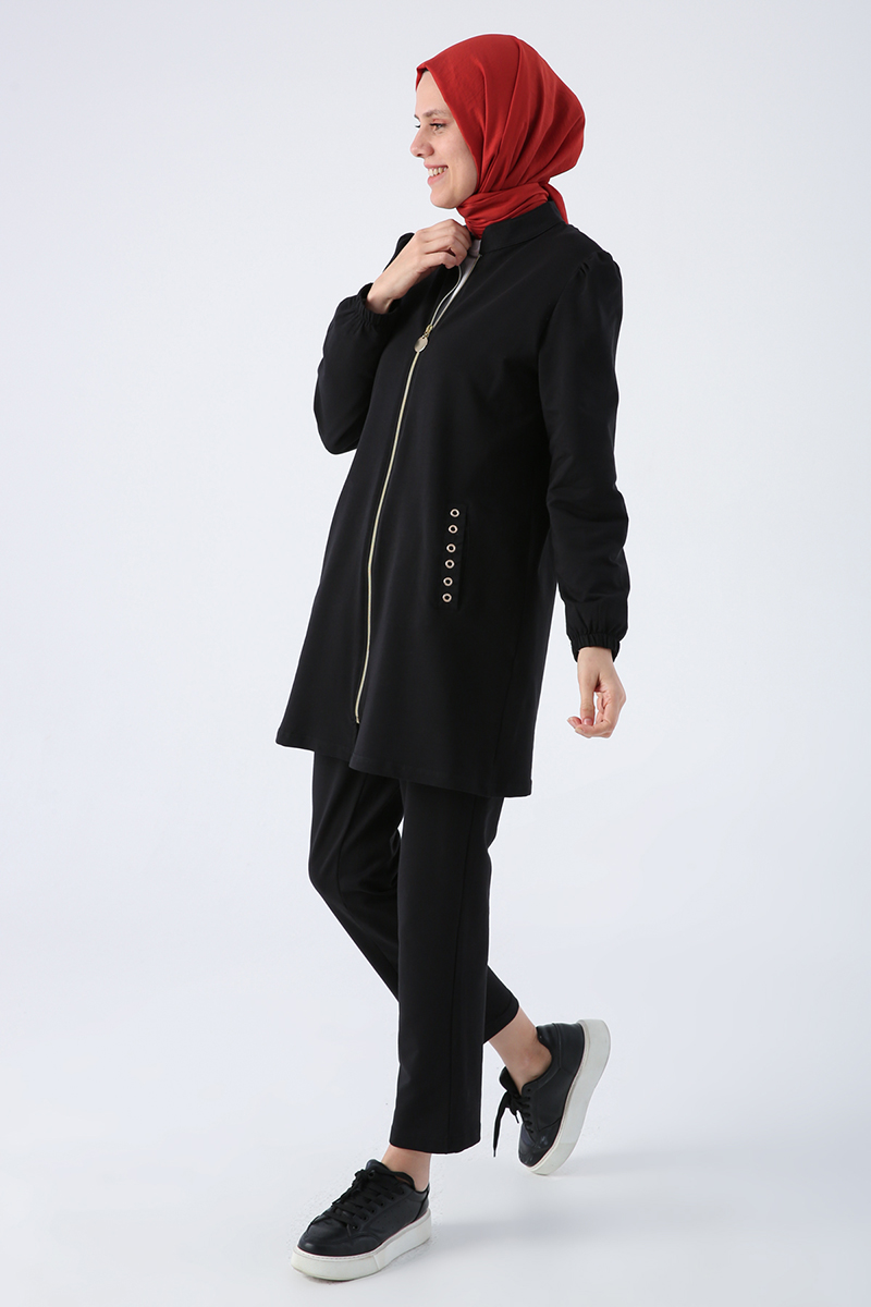 Cotton Pockets And Back Eyelet Detailed Stand Up Collar Zippered Cardigan Trousers Set