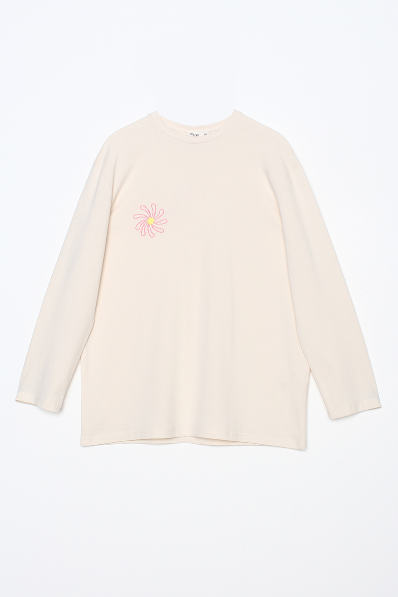 Pamuklu Çiçek Nakışlı Uzun Kollu Basic T-Shirt Tunik