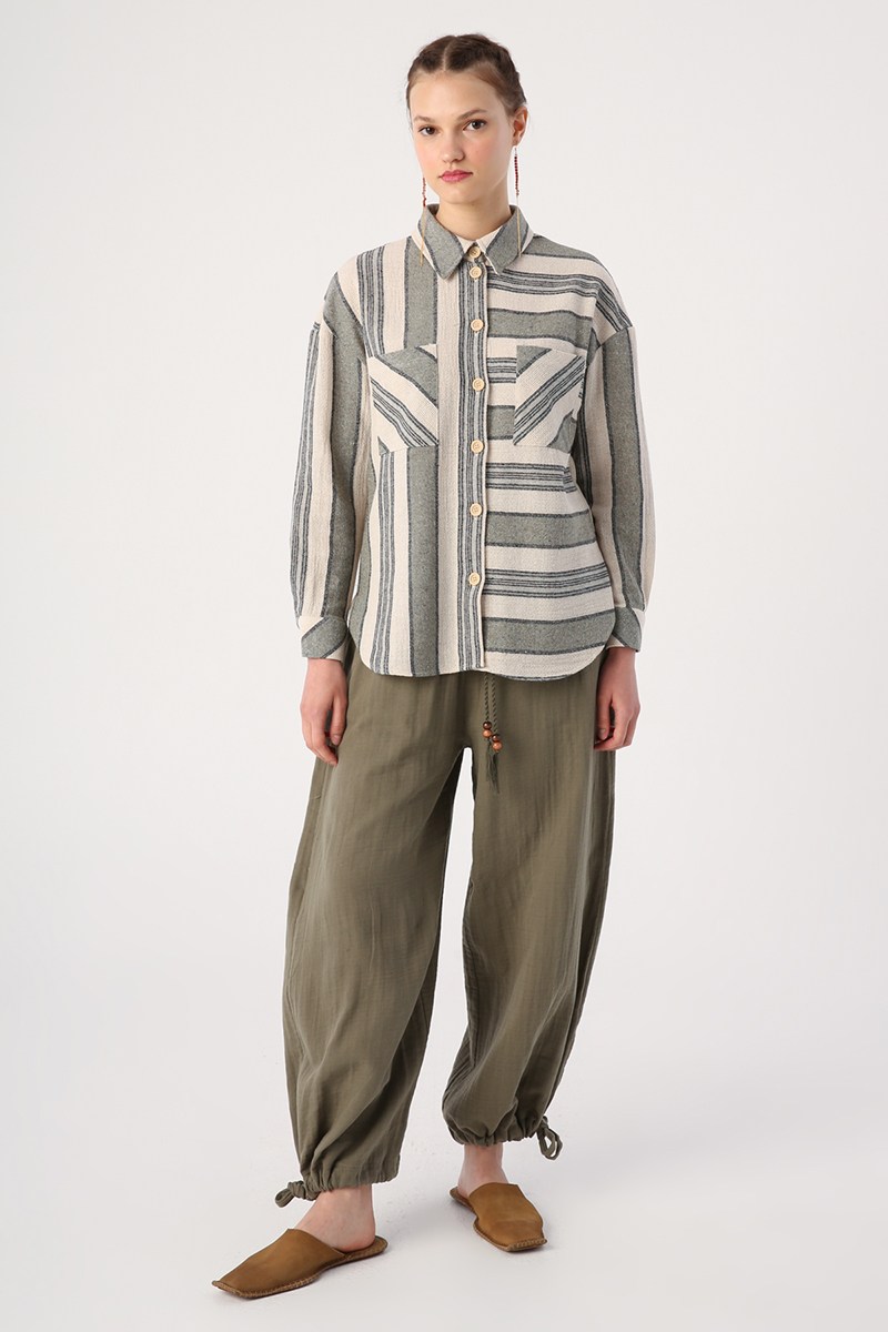 Cotton Striped Shirt with Pockets and Slits on the Sides