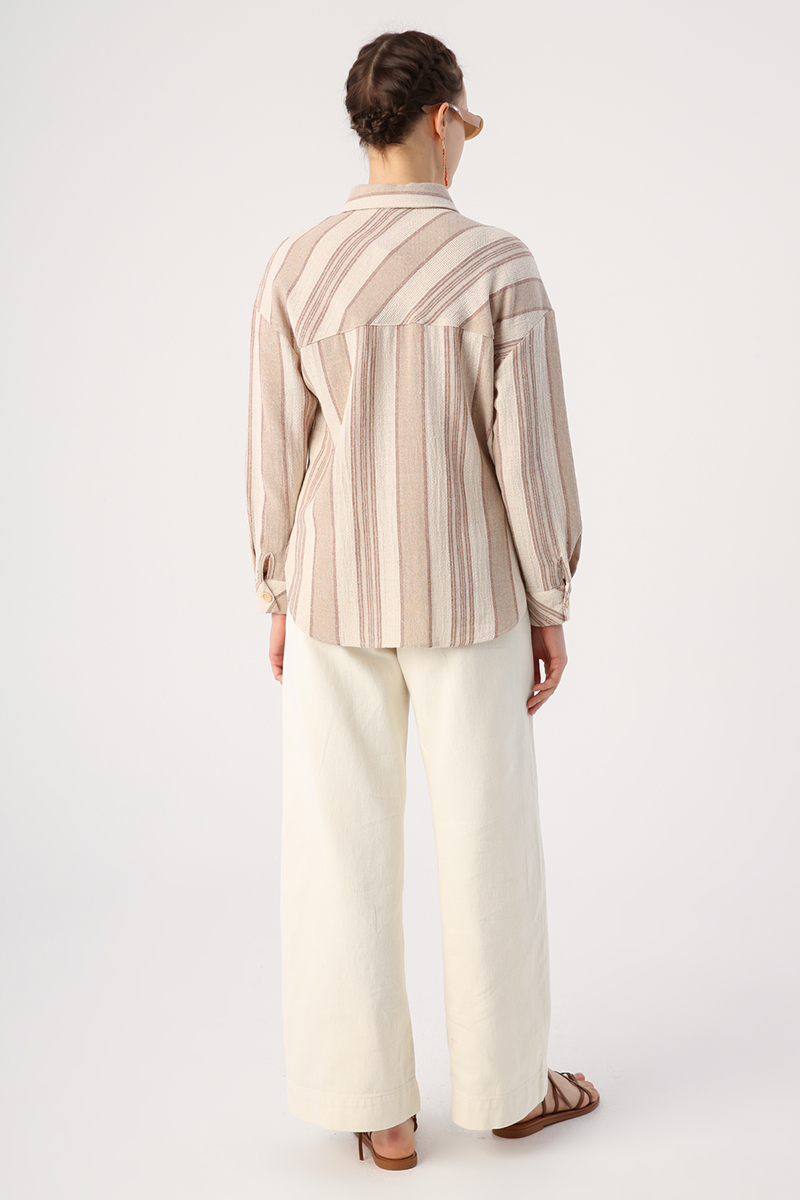 Cotton Striped Shirt with Pockets and Slits on the Sides