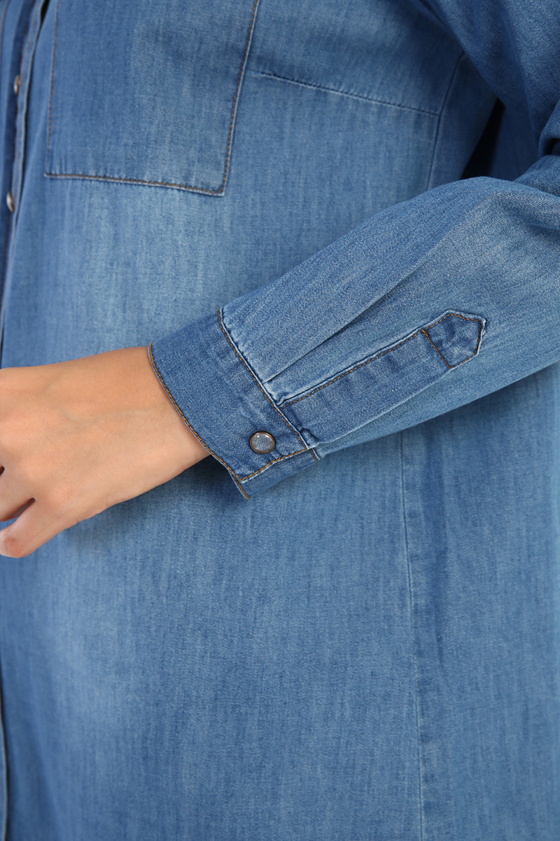 Pocket Detailed Cotton Long Jean Shirt