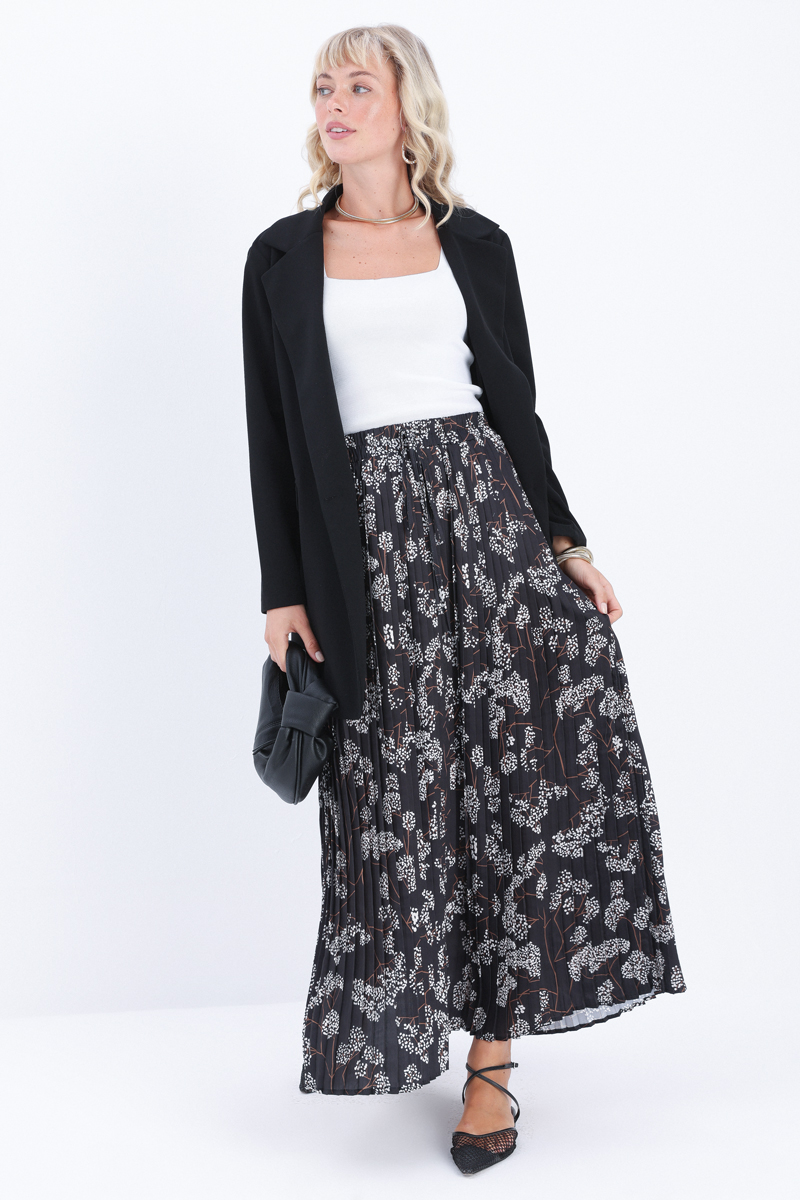 Cotton Patterned Pleated Skirt With Elastic Waist