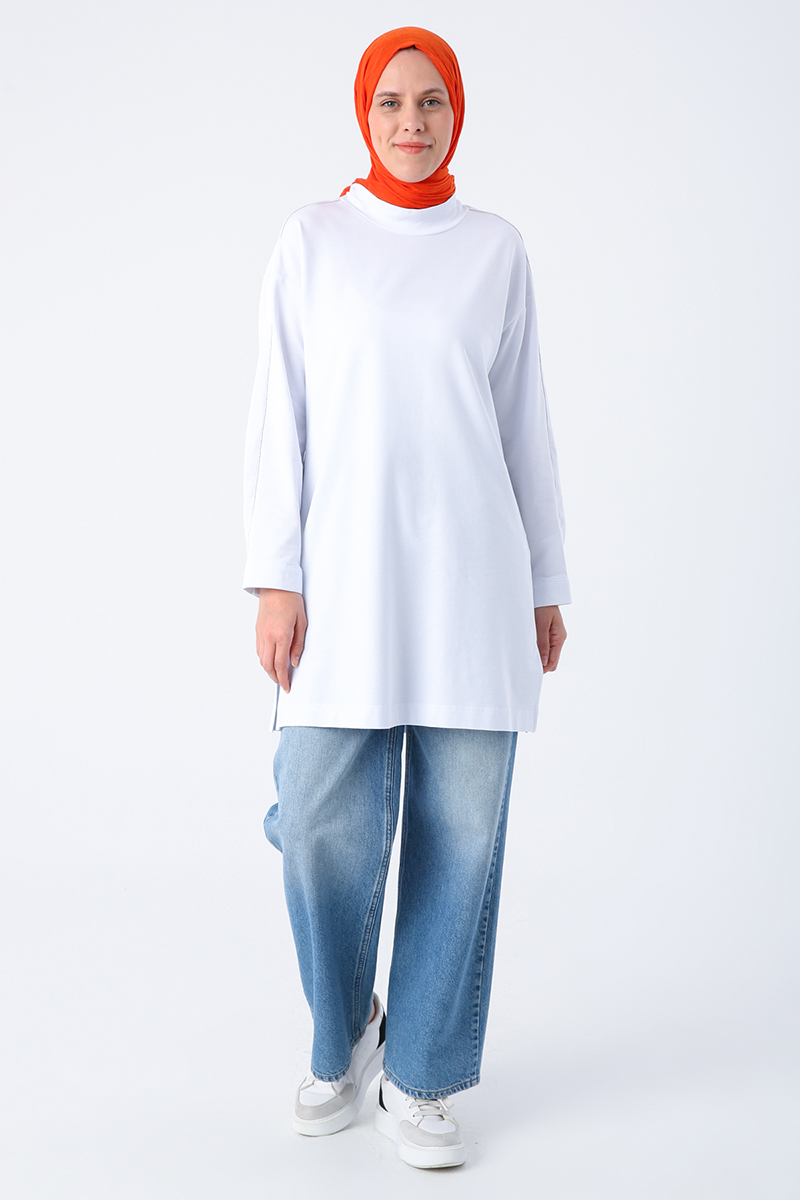 Cotton Stand-Up Collar Tunic with Sim Stitching and Slits