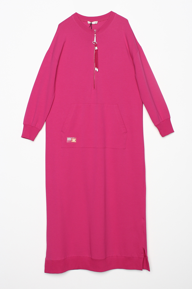 Cotton Zipper Detailed Knitted Dress With Kangaroo Pocket Standing Collar