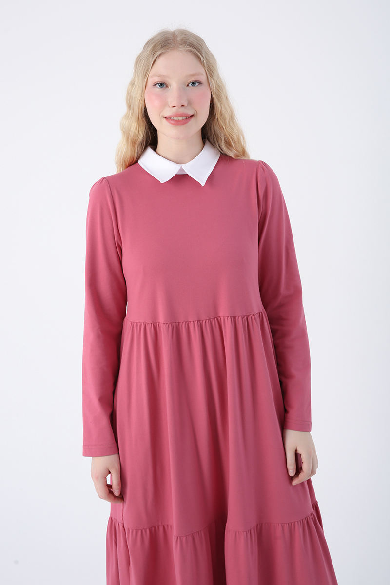 Cotton Shirt Collar Pocket Frilly Knitted Dress