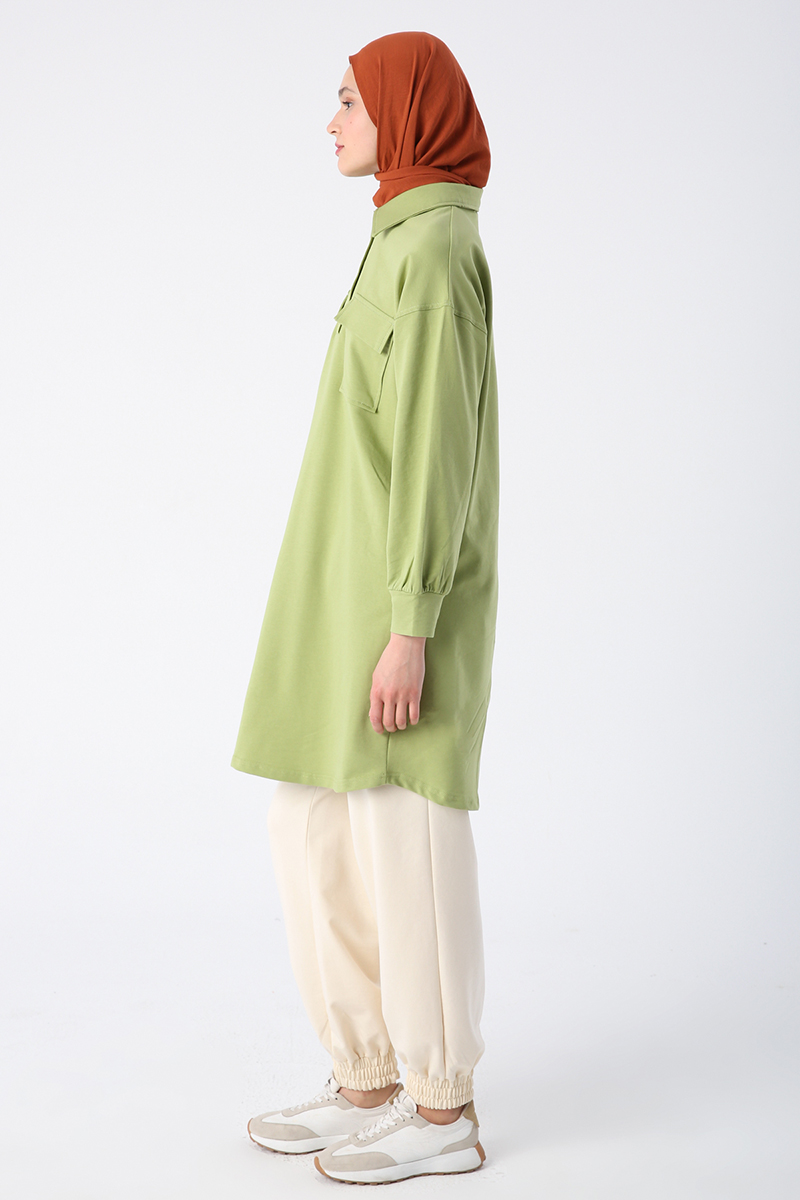 Cotton Covered Pocket Glitter Stitching Detailed Half-Pleat Tunic