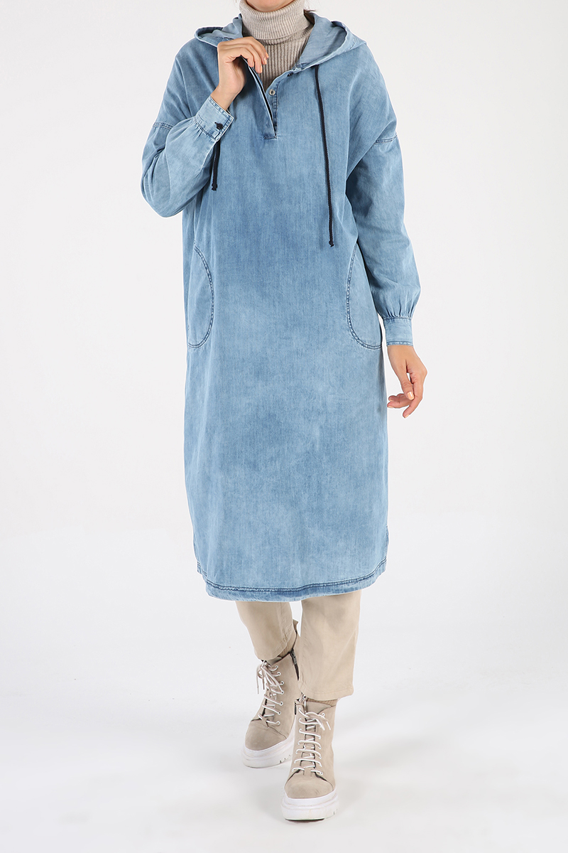 Combed Cotton Hooded Pocket Buttoned Tunic