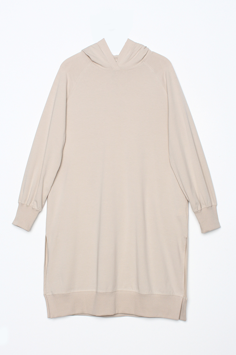 Cotton Hooded Raglan Sleeve Slit Single Jersey Tunic