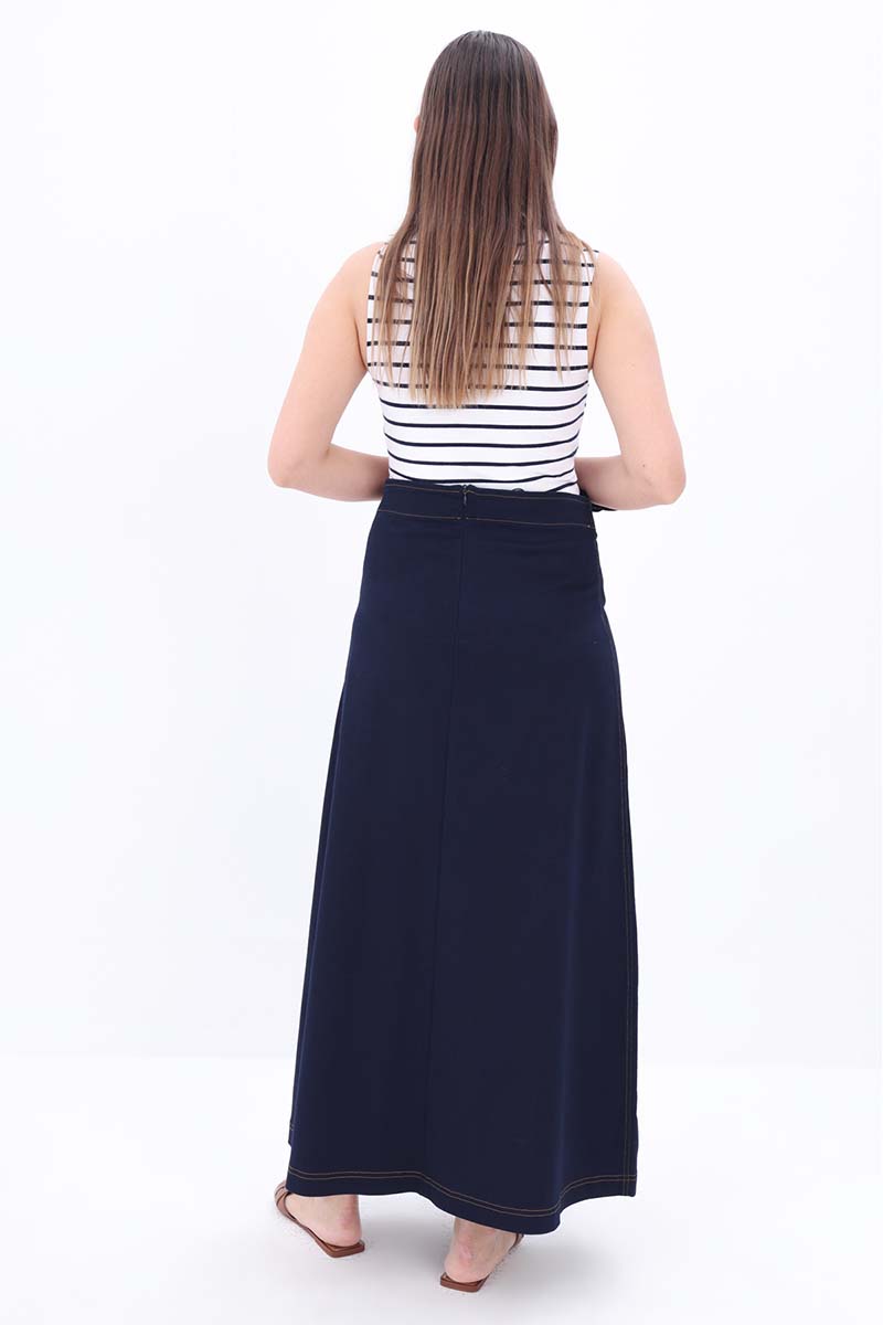 Cotton Denim Skirt With Belted Front Closure