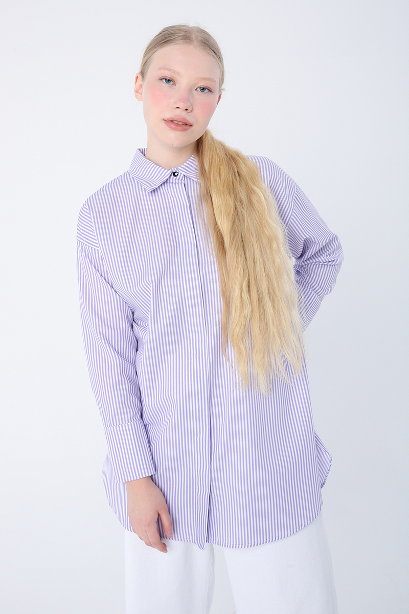 Cotton Oversize Striped Concealed Pop Shirt Tunic