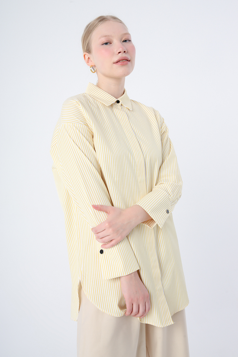 Cotton Oversize Striped Concealed Pop Shirt Tunic