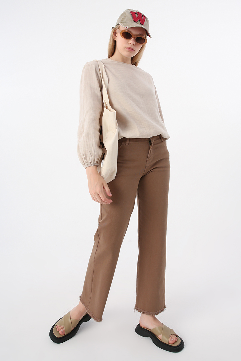 Cotton Trousers with Tasseled Leg