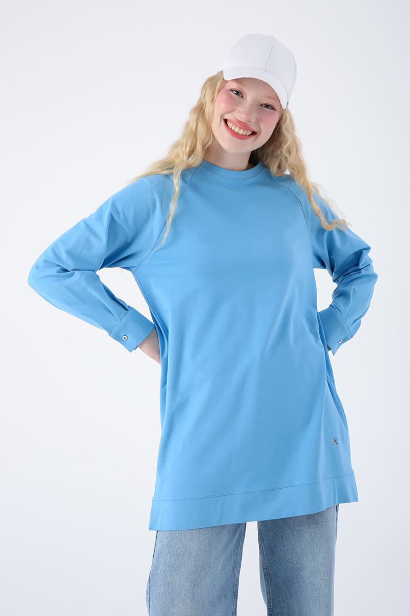 Cotton Raglan Sleeve Cuffed Sweat Tunic with Side Slits