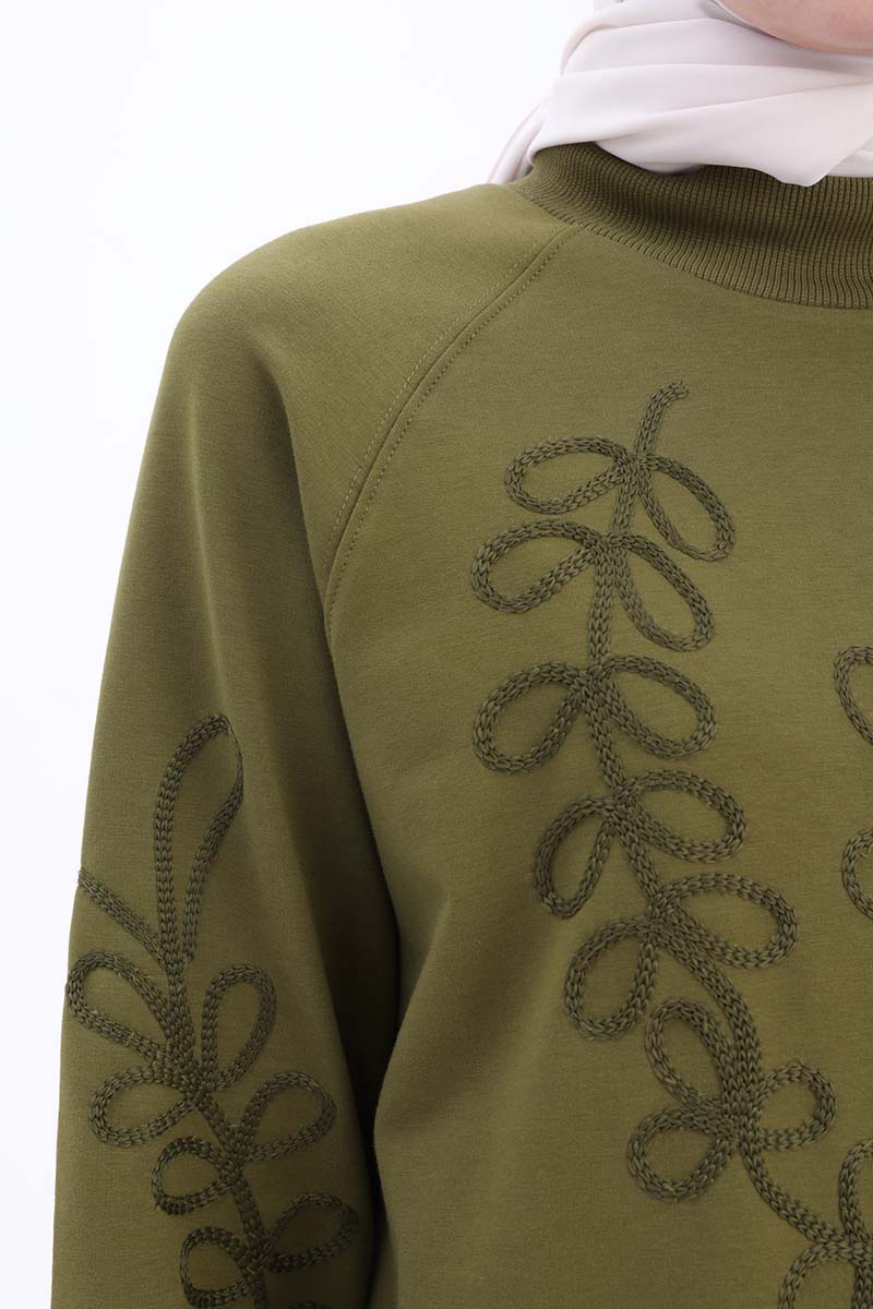 Cotton Half Turtleneck Embroidered Long Tunic