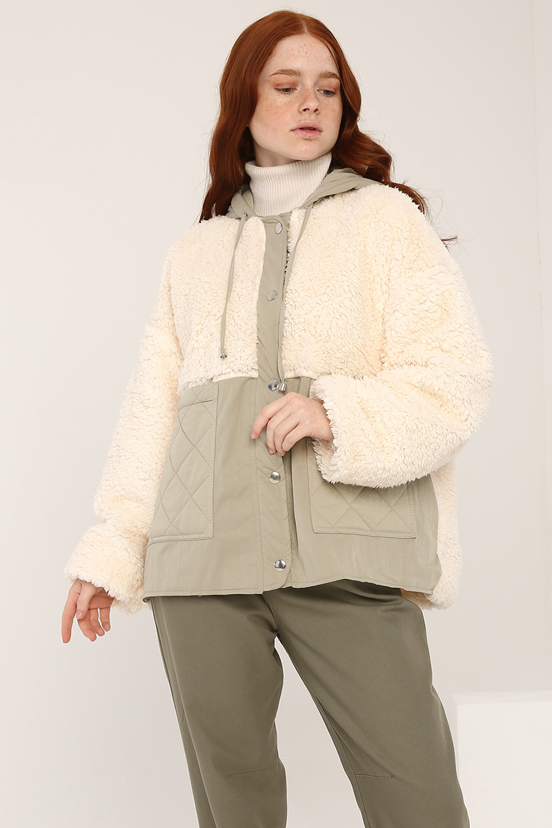 Kapüşonlu Çıtçıtlı Peluş Garnili Kışlık Ceket