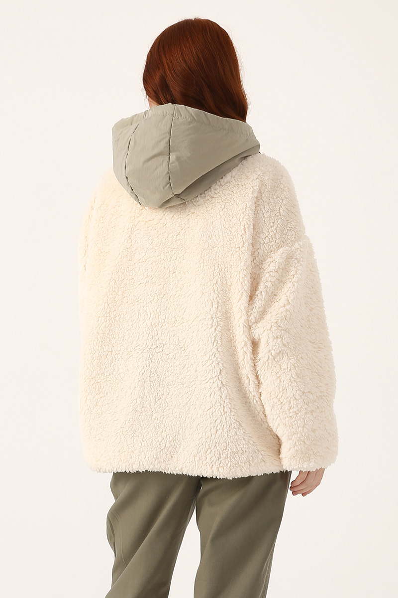 Snap Button Front Hooded Teddy Jacket