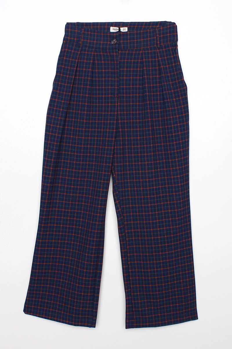 Pleated Plaid Patterned Palazzo Trousers