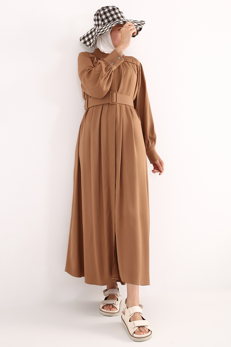 Button Front Pleated Comfy Viscose Abaya