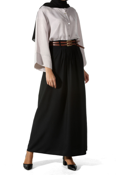 NATURAL FABRIC PLEATED AND BELTED SKIRT