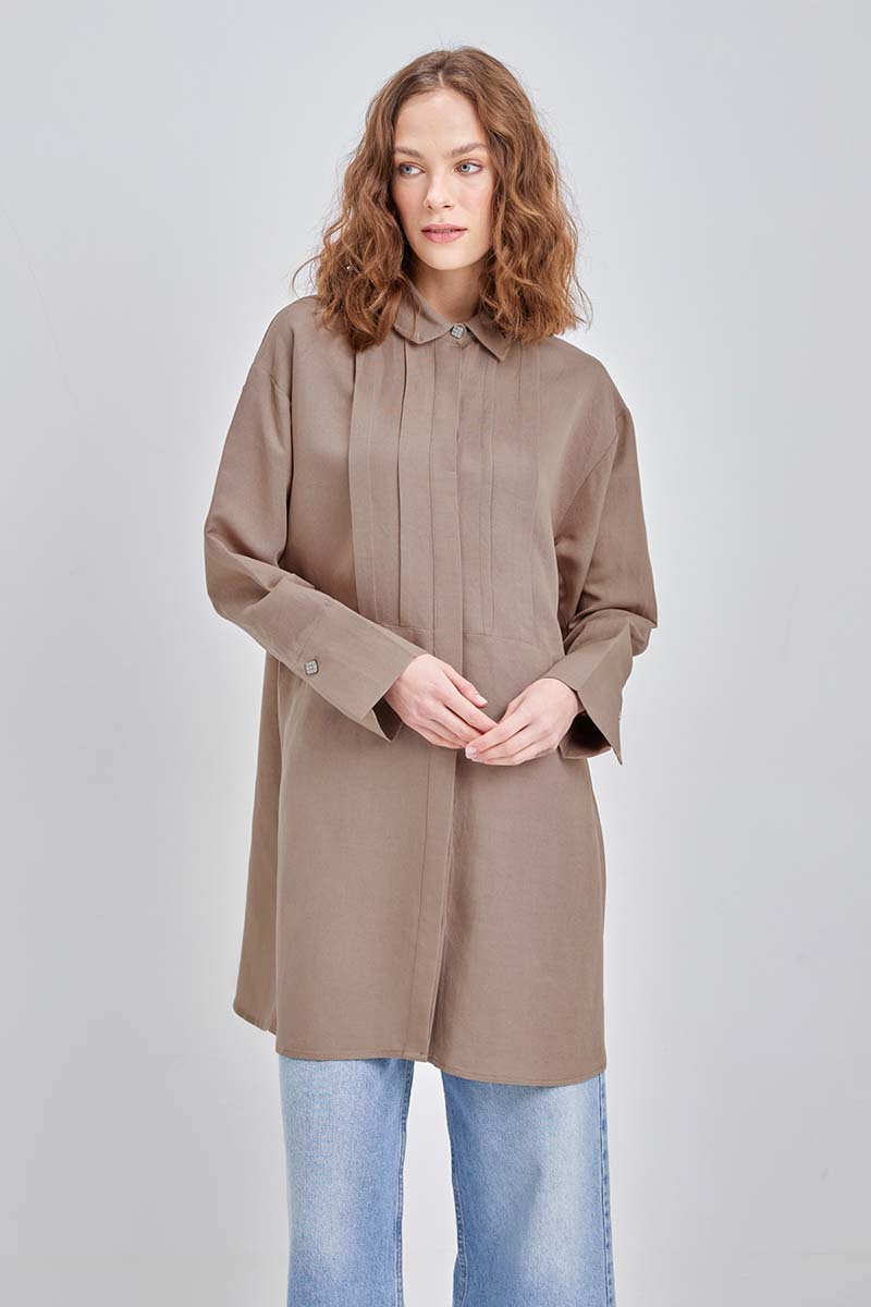 Pleated Metal Buttoned Linen Shirt Tunic