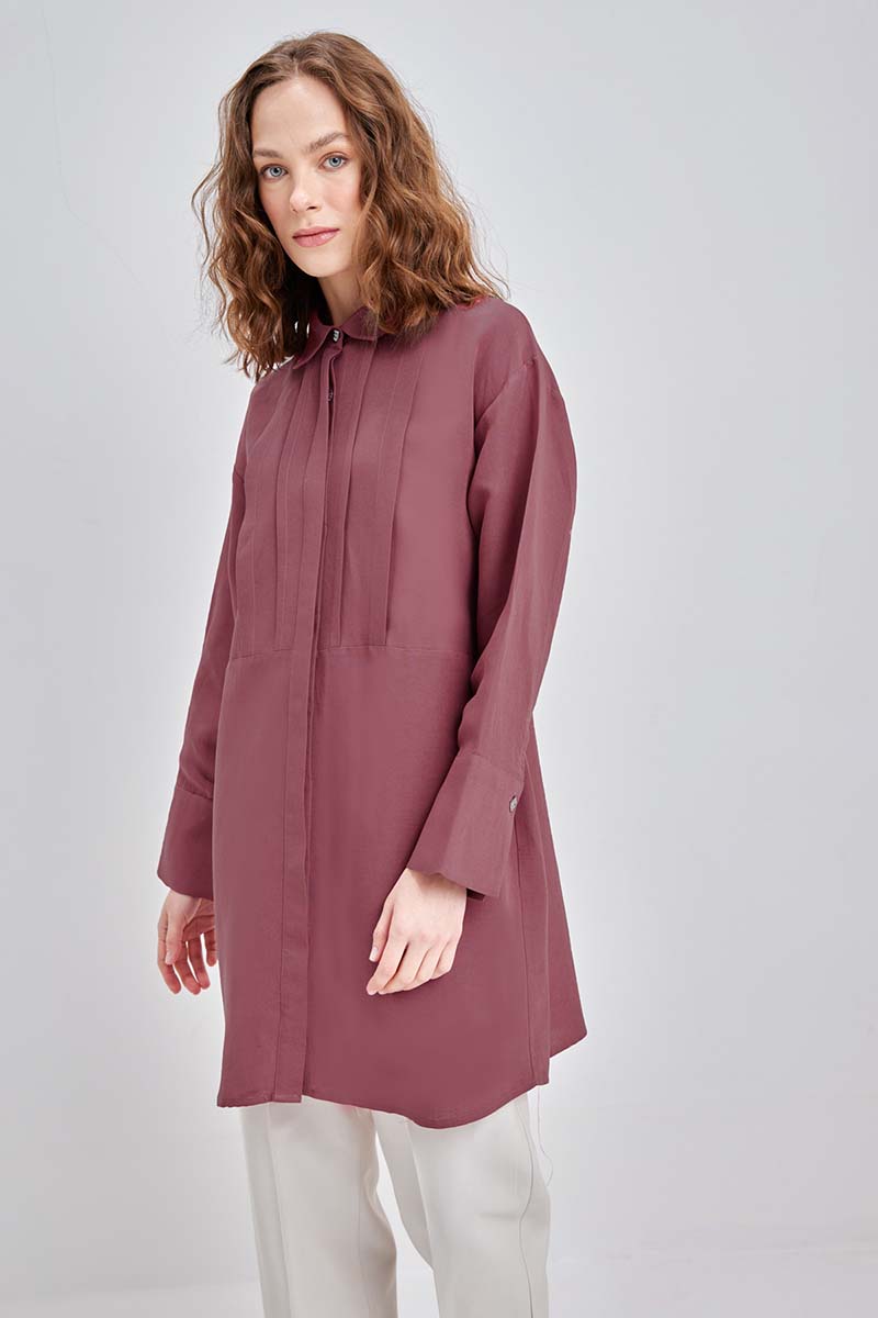 Pleated Metal Buttoned Linen Shirt Tunic