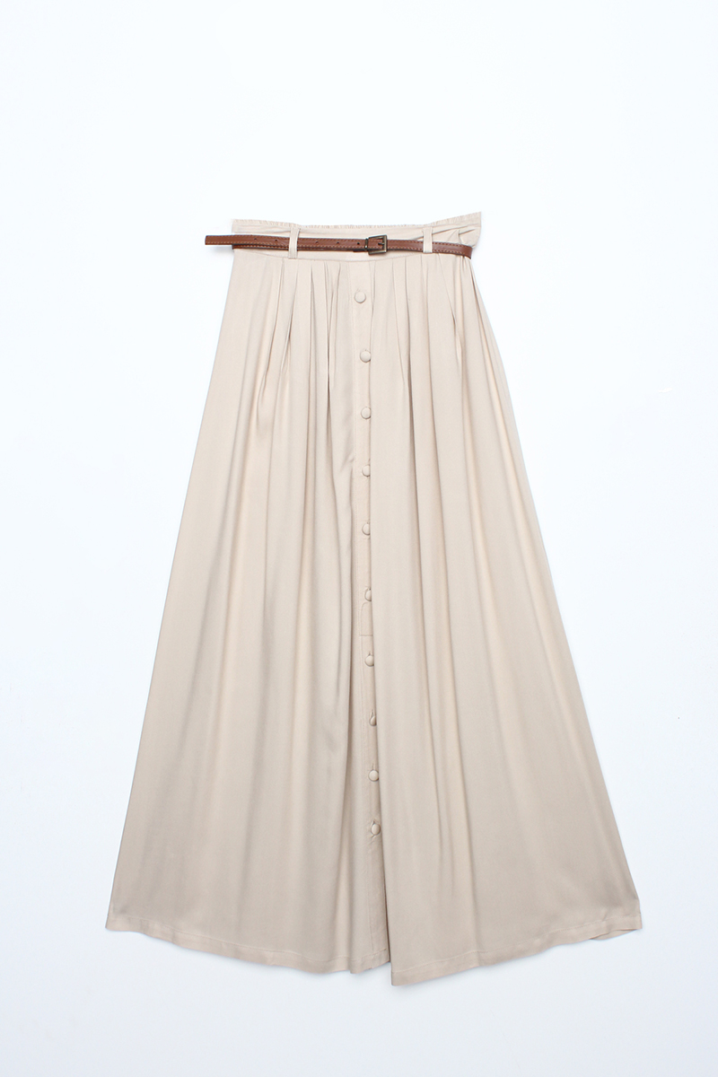 Pleated Button Front Viscose Skirt