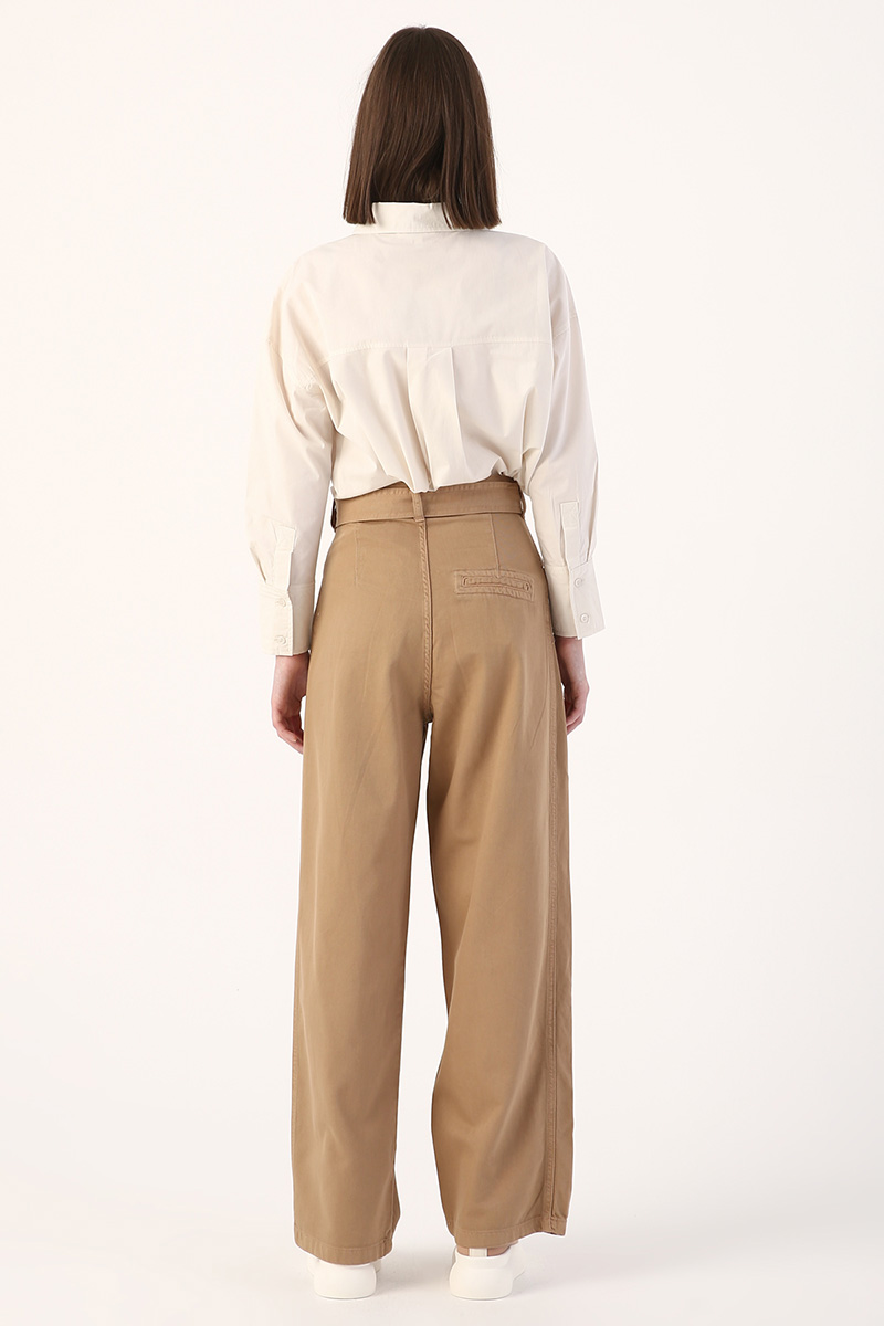100% Cotton Pleated Belted Wide Leg Pants