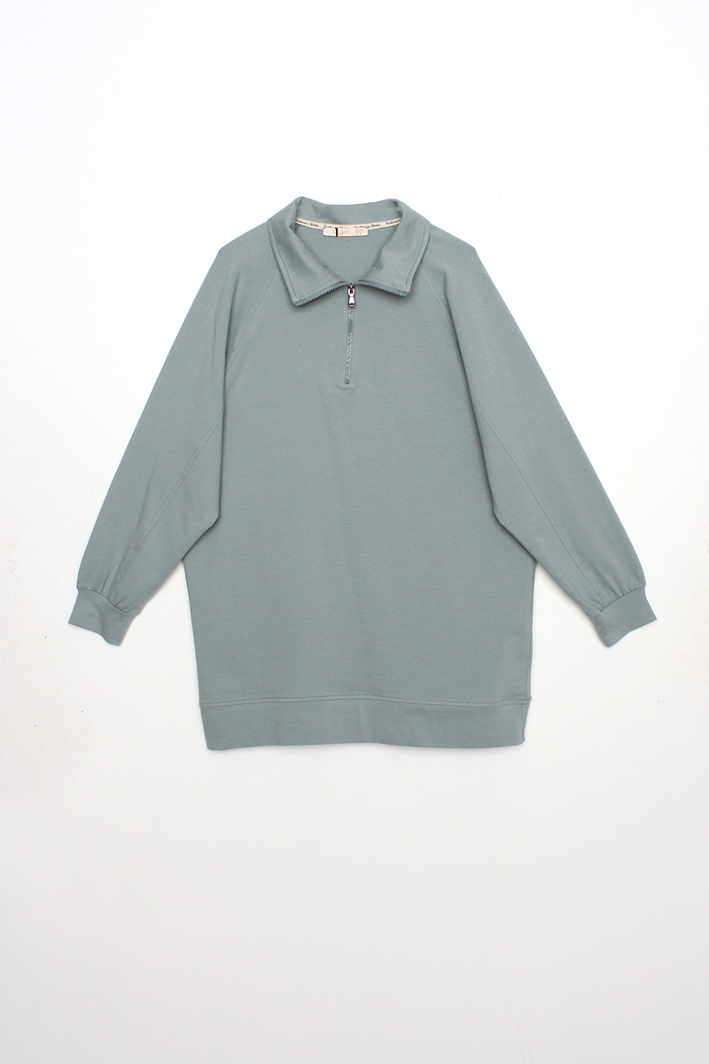Polo Neck Zipper Detailed Cotton Sweatshirt