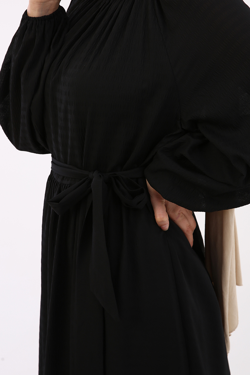 Self Belted Bishop Sleeve Ruffle Hem Maxi Dress