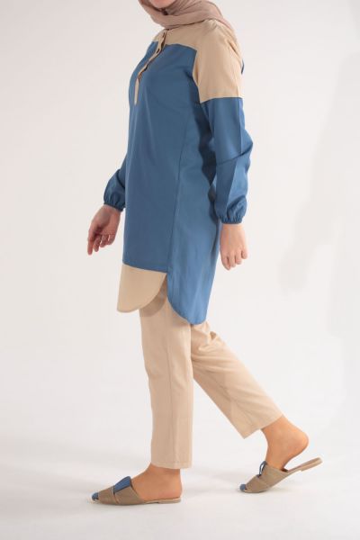 Color Block Mandarin Collar Tunic and Pants Set